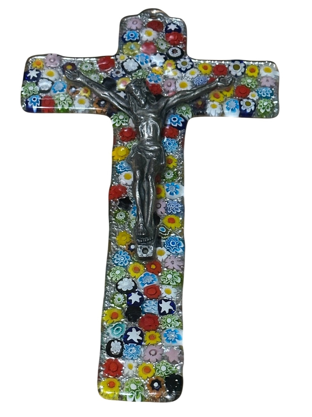 Art Glass Vtg Millefiori Cross Crucifix Wall Decor Multicolor Religious 9"